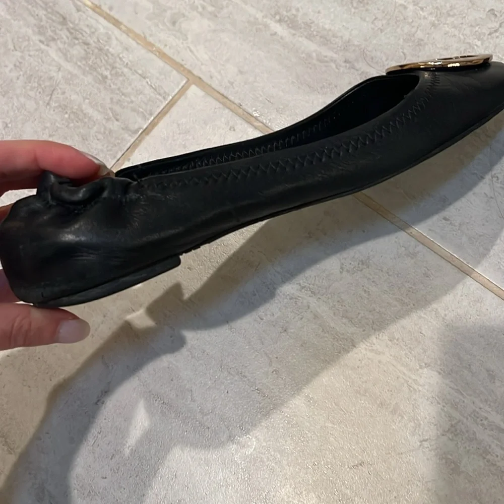 Tory Burch Black Leather Ballet Flats with Gold Logo Medallions